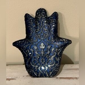 Hamsa Evil Eye Blessing Dish Bowl Platter Plate Luster Cobalt Blue And Silver